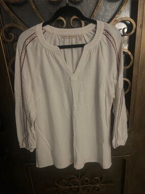 Soft Surroundings Cream Tunic with Red Embroidered Sleeve Detail
